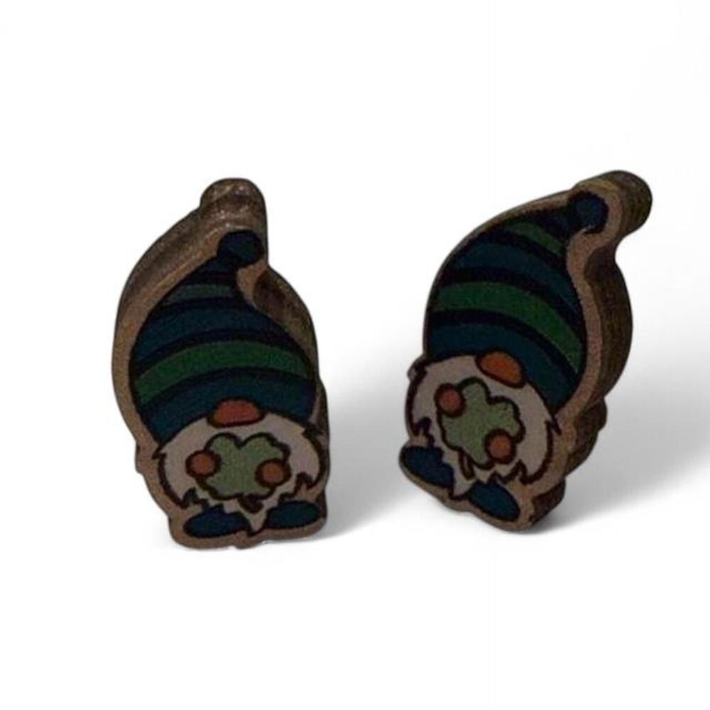 NEW Wooden Gnome Stud Earrings Green Blue Cute Cottagecore St. Patrick's Day